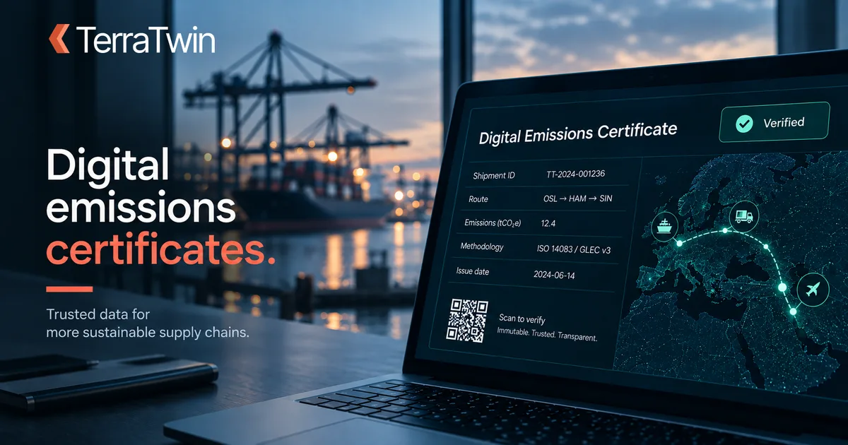 A laptop on a desk overlooking a container port, showing a TerraTwin digital emissions certificate marked as verified