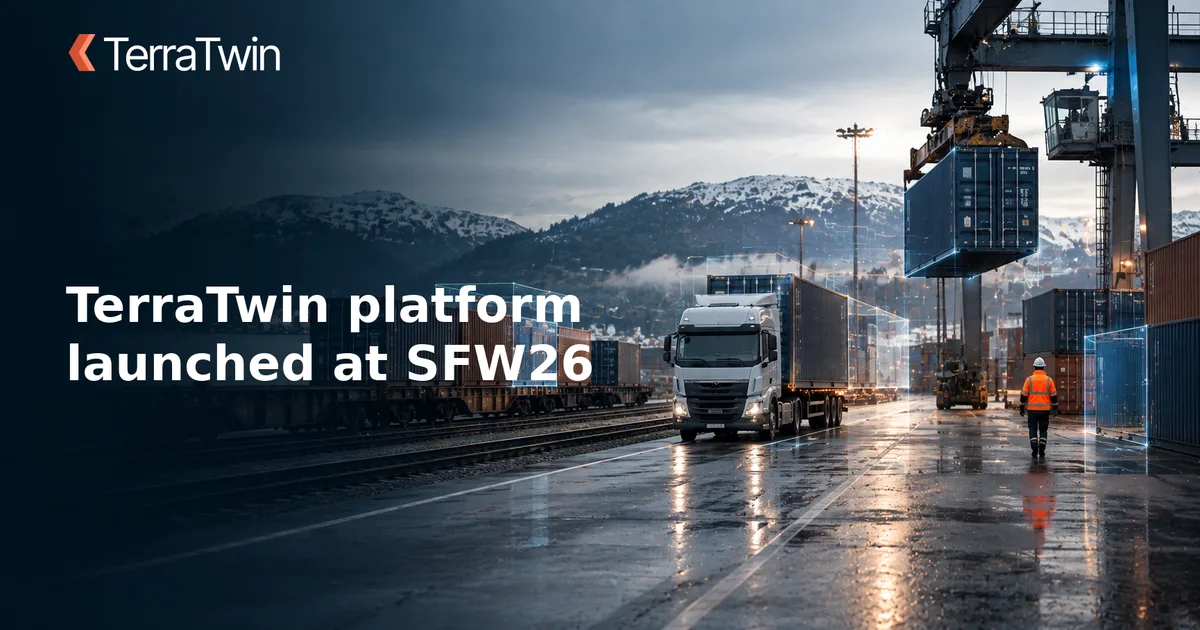 A truck leaving a container terminal with a digital twin wireframe overlaid on the containers